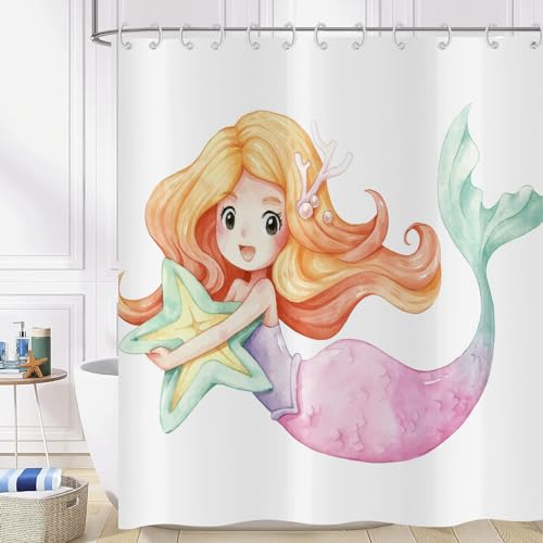 ASDCXZ Kinder Duschvorhang 180x180 cm, Niedlich Cartoon Rose Lila Grün Meerjungfrau Kinder Mädchen Bad Waschbar Duschvorhänge Polyester Textil Wasserdicht Badevorhang für Badewanne mit 12 Haken