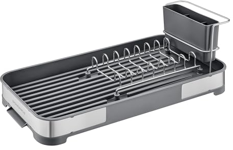SONGMICS Egouttoir Vaisselle, Séchoir à Vaisselle, Support à Vaisselle en Acier Inoxydable avec Égouttoir, Porte-ustensiles, Antirouille, pour Vaisselle, Couteaux, Cuillères, Argenté et Gris KCS034G01