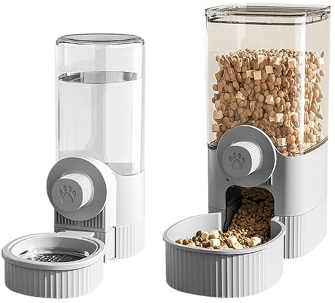 Peosaard Automatic Cat Feeder & Water Dispenser Set, 2-Pack, No Leakage, Suspended Design, Gravity Feed, 520ml Water, 1200ml Food, Cat, Rabbit, Guinea Pig, Ferret, Modern, Grey