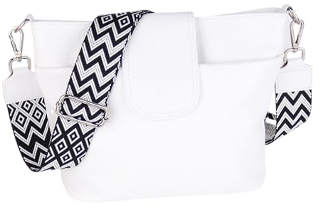 MIRROSI® Umhängetasche Damen, Echtleder, Made in Italy, BOHO Style30x24,50x9cm (BXHXT) viel Stauraum, Handtasche, Brusttasche, Crossbody Bag (1 Tasche & 2 Gurte) (Weiß (BOHO Schwarz))