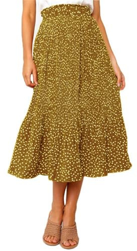 Oyamiki Pleated Maxi Skirt with 2 Pockets Casual Polka Dot Yellow Flowy Ladies Summer Skirts S