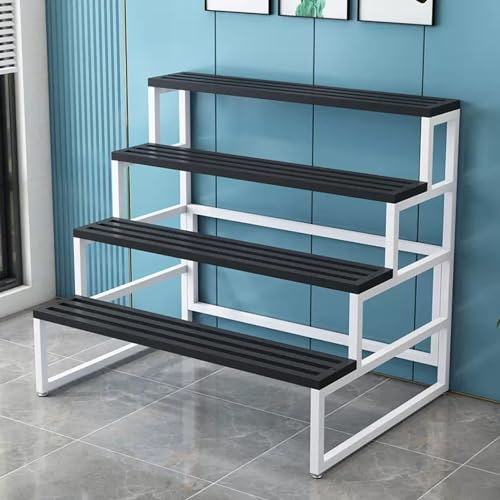 Snaweo Pflanzenständer 4-stöckiges, Blumenständer Aus Metall, Blumentopfständer mit Leiter, Pflanzenregal Mehrstöckig, for Gartenbalkon-Wohnzimmer(BlackB,31.5/80cm)