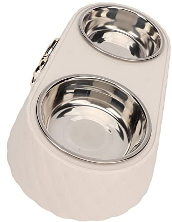Double Pet Bowls Prevent Slip Stainless Steel Pet Food Water Bowls with Bowknot Decor Holder for Dog Cat Double Pet Bowls (Beige)