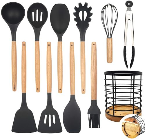 Daily Treasures 12PCS Silicone Kitchen Utensil Sets,Wooden Handle Cooking Utensils Set with Farmhouse Utensil Holder,Heat Resistant Non Stick Kitchen Utensils Set,Black Kitchen Accessories Set Spatula