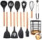 Daily Treasures 12PCS Ensembles d’ustensiles de cuisine en silicone noir,Ensemble d’ustensiles de cuisine à poignée en bois avec porte-ustensiles de ferme,Résistant à la chaleur