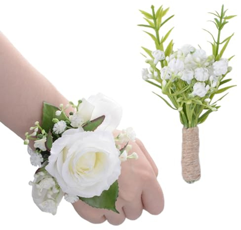 URROMA Set di 2 fiori artificiali bianchi da polso per bambini, fiori artificiali a mano e bouquet, per rimpatriate, lauree, balli studenteschi, feste nuziali