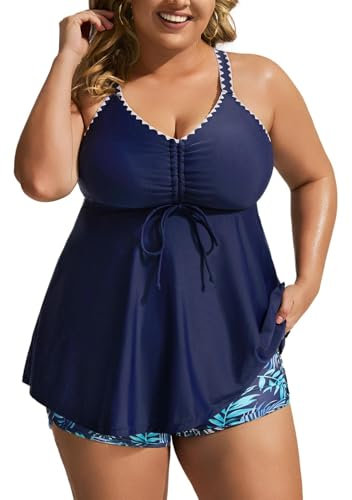 Hanna Nikole Damen Badeanzüge Tankinis Tankini mit Sexy Tummy High Waisted Tankini Plissee High Waist Badeanzug Marine Blau 50 Große Größen