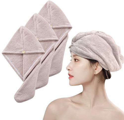xnicx 3 Stück Mikrofaser Handtuch Haare,Turban Handtuch mit Knopf Super Saugfähig Haarturban Mikrofaser,Schnelltrocknendes Handtuch Haare für Damen Kinder 25x65 cm(Khaki)