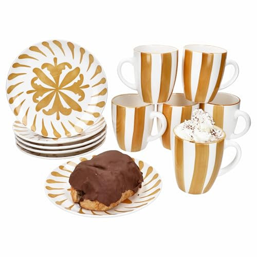 MamboCat Wald ocker 12tlg Frühstücksset I Je 6x kleine Frühstücksteller & Kaffeebecher für 6 Personen mit Zweigen & Streifen I Weihnachten