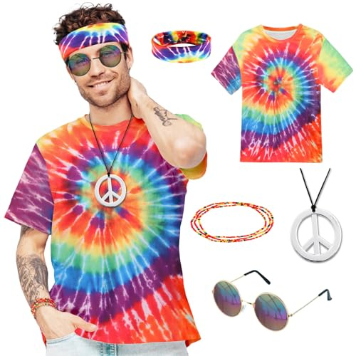 Kitimi 5PCS Hippie Kostüm für Herren, 60er 70er Jahre Outfit Herren, Hippie Accessories mit T-Shirt Perücke Sonnenbrille Peace Halskette Stirnband, Herren Damen Cosplay Karneval Fasching Themenparty