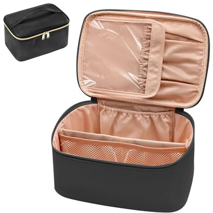MIUUIPI Kosmetiktasche, Groß Kulturtasche Damen Make Up Tasche Organizer, Reise Schminktasche mit Griff und Teiler, Wasserdichtem Leder Tragbare Kosmetiktasche Kulturbeutel, Schwarz
