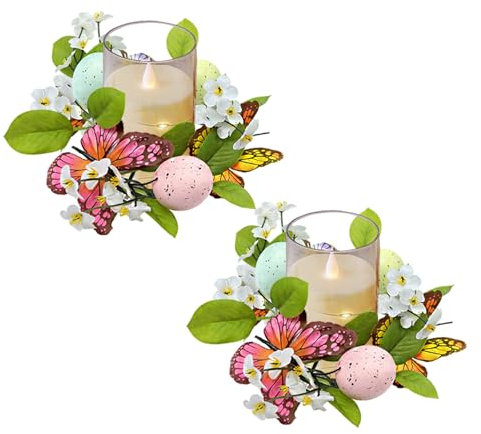 Osterdeko Kerzenringe, 2 Stück Osterkranz Kerzenkranz Künstlicher Frühlingskranz Kerzenring Osterkranz Kerzenkranz für Stumpenkerzen Frühlingskranz Blumenkranz für Osterdeko Tischdeko (C)