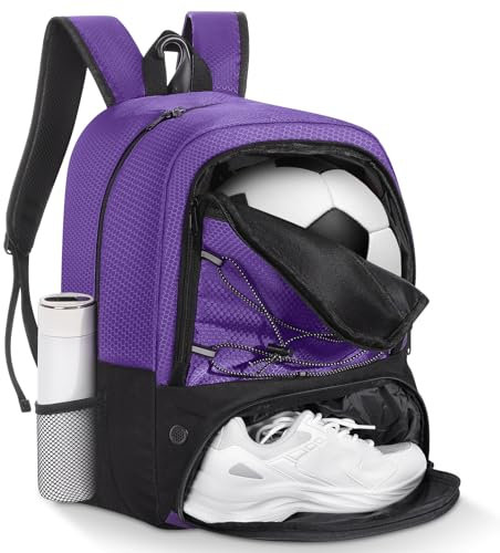 MoKo Soccer Bag Backpack, Basketball Backpack for Men & Women with Separate Ball and Shoes Compartments, Water-Resistant, Fence Hook, Sports Equipment Bag for Clothes, Shoes, Tablets, Laptops, Purple