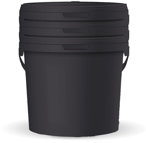 POSH Eimer 10L - Behälter mit Deckel, Lebensmittelecht, Schwarz, 3 Stück | Drei Vorräte auf einem Regalbrett, stapelbar, geruchsneutral, lichtundurchlässig, für Futter, Körner und Saatgut, Kunststoff