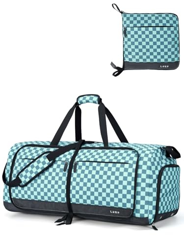 Lekesky Large Foldable Travel Duffe Bag - 80L Waterproof Holdall Luggage Bag with Shoes Compartment, Weekend Overnight Sports Bag for Women and Men(Green Checkerboard, 72 * 33 * 34cm)