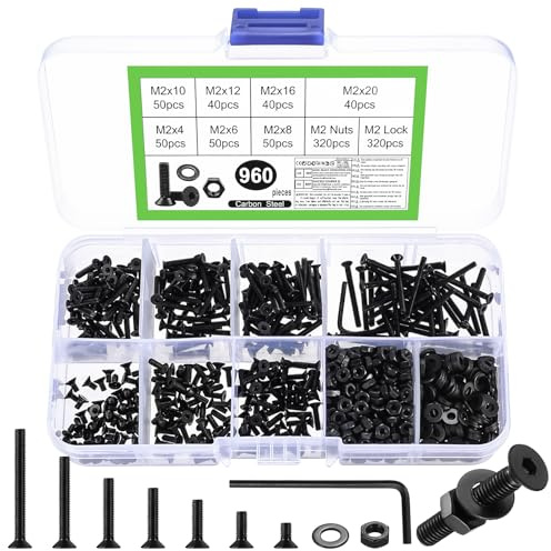 960 Pcs M2 Countersunk Bolts and Nuts Set, Small Countersunk Flat Head Machine Screws, Black Assorted Hex Socket Head Cap Screws Nuts and Bolts and Washers Assortment Kit