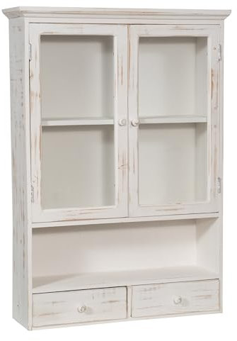 Biscottini Hängender Badezimmerschrank aus Holz und Glas, 79 x 16 x 56 cm, Wandvitrine für Bad und Küche, weiße Vitrine, platzsparend, Wandschrank, Shabby Chic