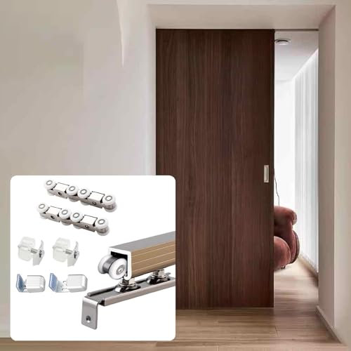Kit ferramenta per Porta Scorrevole a Binario, Binario per Porte scorrevoli a Scomparsa con Montaggio a soffitto/Parete e paracolpi, Binario in Alluminio per Porta Armadio Scorrevole (Champa