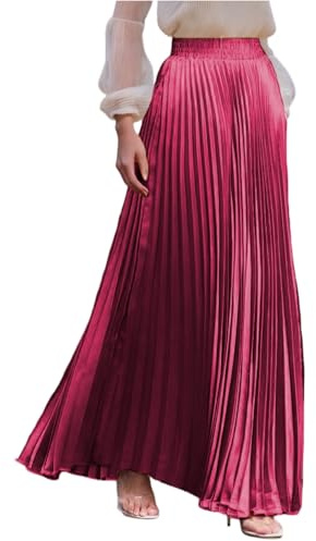 Plisseerock Damen Lang A Linie Satin Rock Damen Elegant Festlich Hochzeit Faltenrock Maxi mit Gummizug Langer Röcke Sommer Plissee Maxirock Skirt Long Sommerrock Leicht und Luftig Damenrock