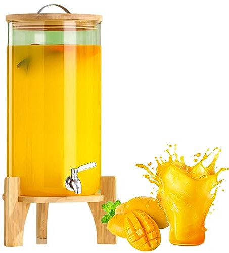 Ruiseawing 10 l Getränkespender aus Glas mit Holzständer – Zapfhahn aus Edelstahl, auslaufsicheres Getränkefass für Partys – Wasserbehälter für den Kühlschrank, Weinfass aus Glas