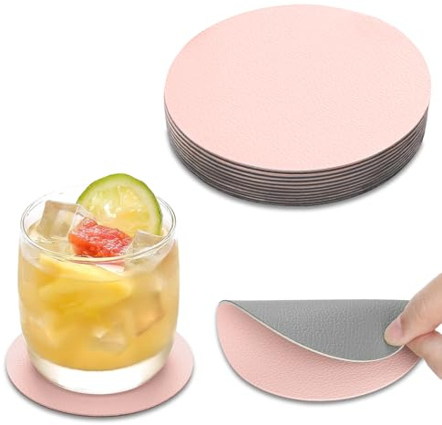 AMFUN Untersetzer Gläser 15er Set, Doppelseitigen Leder Untersetzer, Rund rutschfest Glasuntersetzer, rutschfest Abwaschbare Getränkeuntersetzer(Rosa + Grau)