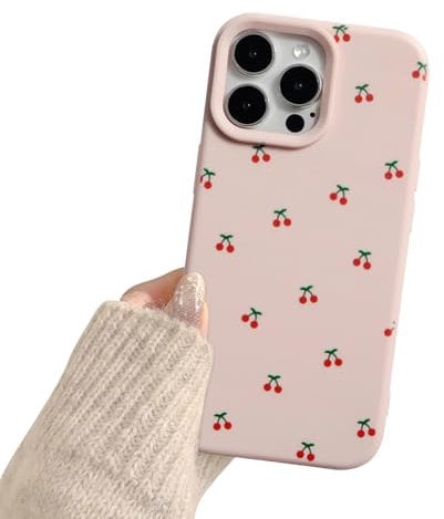 Reownest Custodia per iPhone 15 Pro Max Cover con Motivo Ciliegie, Morbida in TPU Slim e Carina Protezione Fotocamera Case per Ragazze e Donne – Rosa