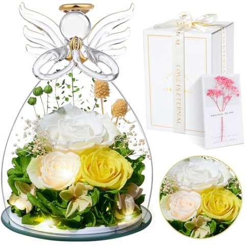 Cadeau Femme de Rose Éternelle | Fleur Préservées avec Ange Figurine | Idee Rosee Cadeau pour Elle, Maman Amie Épouse Sœur Mamie, Cadeaux Noel, Saint Valentin, Fete des Meres, Anniversaire