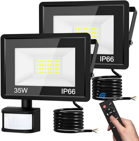 vighep Led Strahler mit Bewegungsmelder Außen, 35W Superhell LED Fluter mit Fernbedienung, IP66 Wasserdicht Scheinwerfer, 6500K Kaltweiß Aussenlampe für Garten Garage Hof Wand-2 Stück