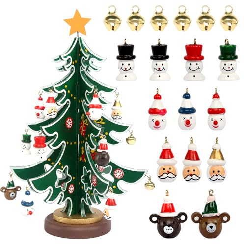 Mini sapin de Noël en bois - Petit arbre de Noël - Avec 18 décorations de Noël - Décoration de table