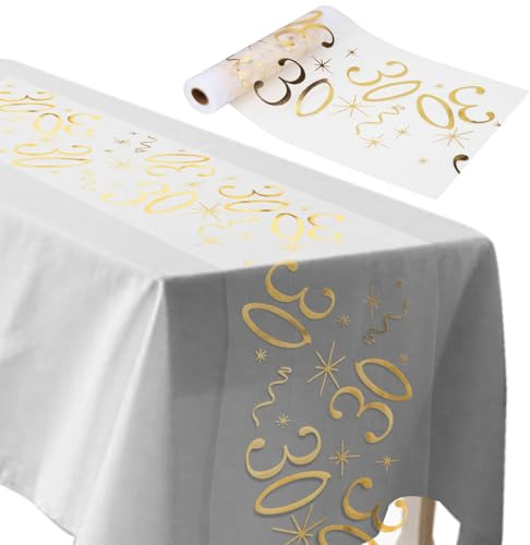 ddckj Tischläufer 30 Geburtstag 28 cm x 10 m Tischdeko Geburtstag Zuschneidbar Tischläufer Gold Männer und Frauen für Geburtstagsparty Jubiläumsfeier