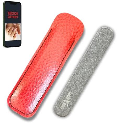SHARFT, Lime a Ongles Pierre Naturelle des Pyrénées avec étui PVC de couleur Rouge. Format traditionnel 100x15x5mm plate. Utilisable sur toutes les faces. Lavable, Durable, Naturel et MADE IN FRANCE.