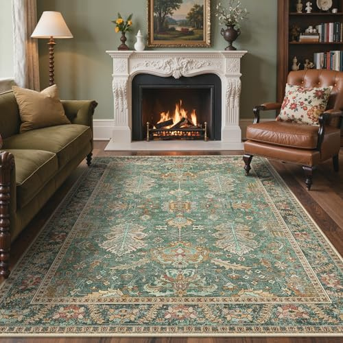 BEIMO Vintage Waschbarer Teppich Wohnzimmer, 200x290cm Moosgrün | Boho Orientalisch, Großer Weicher Kurzflor Carpet mit Rutschfester für Küche und Bettvorleger Schlafzimmer