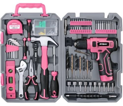 Hi-Spec 8V Cordless Drill Driver & Home Tool Kit with Accessories, Pink | Fast assembly jobs, cord-free control, compact case storage, wood metal masonry accessories, project ready, fast setup