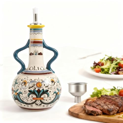 Thaibna Ceramic Olive Oil Dispenser Bottle 680 ml, Large Olive Oil Container for Kitchen, Oil and Vinegar Jar with Stainless Steel Spout, Oil Dispenser with Handle, Dripless Cooking Pot (White Ceramic