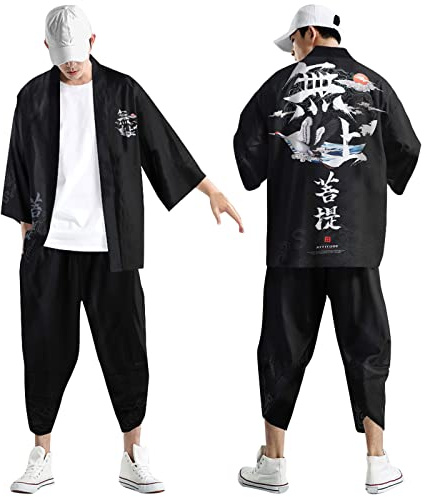 Nlaayong Ensemble de veste kimono japonaise pour hommes, veste élégante ouverte sur le devant avec short, cardigan imprimé de style chinois