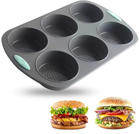 MXGHIR Burger Buns - Stampo da forno in silicone, diametro 10 cm, forma rotonda con 6 cavità per hamburger, pane, muffin, antiaderente e facile da sformare (38,5 x 23,7 x 3,8 cm, grigio)