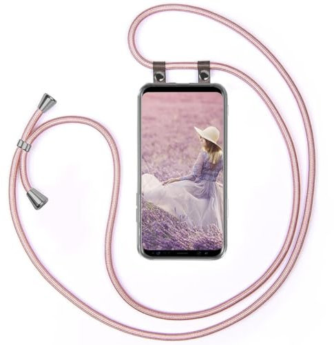 moex Handykette für Samsung Galaxy S9 Plus Hülle mit Band abnehmbar, Handyhülle mit Kette zum Umhängen, Handyband 155 cm lang Stoff Kordel Umhängehülle, Handy Umhängeband, Rosegold