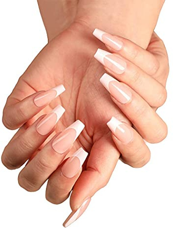 Bmadge 24 Pieces French Coffin Full Cover Glitter Pink False Nails for Women and Girls