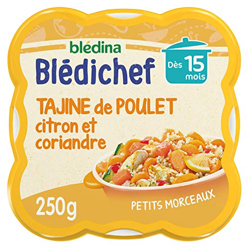 Blédina - Blédichef - Repas Bébé 15 Mois - Plat Bébé Tajine de Poulet Citron Coriandre - Petits Morceaux - 100% Ingrédients d'Origine Naturelle - Dès 15 Mois - 1 Assiette de 250g