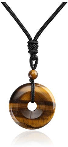 JSDDE Natural Tiger Eye Crystal Donut Pendant Necklace Reiki Healing Stone Lucky Coin Necklaces for Women Men Gift