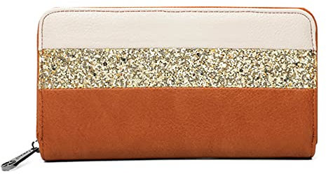 Portefeuille Femme Paillette Rayures Zippé - Porte-Cartes Monnaies Tout-en-Un Format Long - Wallet Compagnon Bandes Grande Capacité Similicuir Souple - Chic Elégant - Camel Doré