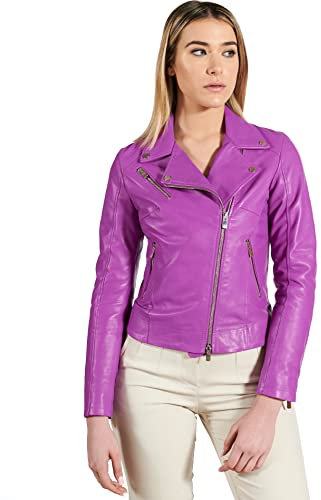 D'Arienzo Chiodo in Pelle Glicine Donna Giacca Biker Giubbotto Moto Vera Pelle Made in Italy Kbc M/Viola