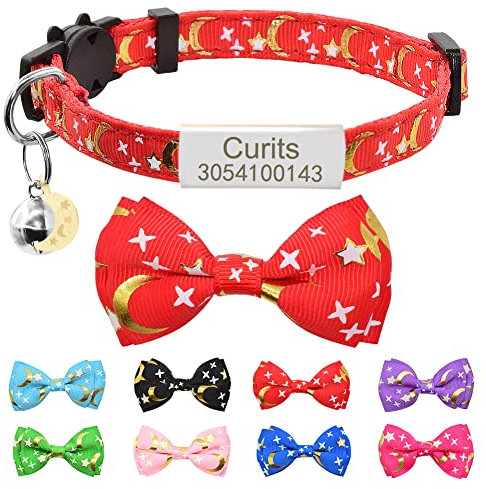 Personalisierte Sterne Monde Katzenhalsband mit Namensschild & Glocke,Benutzerdefinierte Breakaway Fliege Katzenhalsband mit Namensschild Fit 20-28 cm Rot