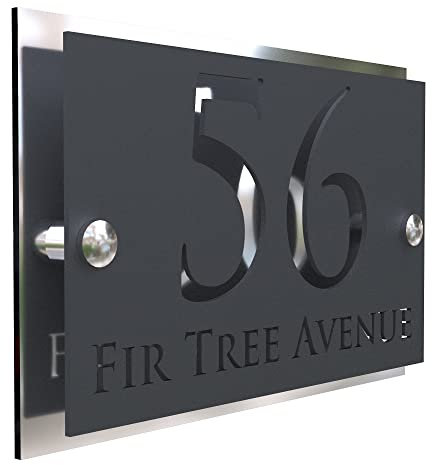 K Smart Sign | Simpatico | Modern laser Cut House Signs 3d effect door number address style sign plaques address numbers | 200mm x 130mm (Silver Mirror & Matt Gray)
