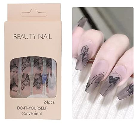 Jorun 48 Pcs Black Rose Press on Nails Long, Coffin Fake Nails Kit with Nail Glue and Tools, Glue on Nails Inked Butterfly on False Nails, Cool Artificial Gel Nails for Women, Variety Pack 48 ml