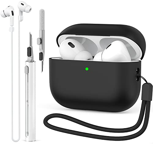 BEAUDOM Silikon Hülle für AirPods Pro 2 [USB-C & Kabelloses Laden] mit Reinigungsstift und Halteband (Schwarz)