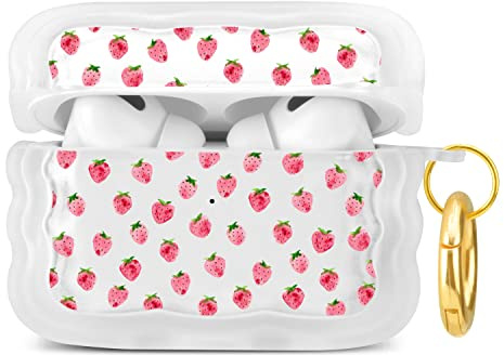 MAYCARI Clear AirPods Pro Case Cover Cute, Compatible for Apple AirPods Pro Cases Wave Transparent With Strawberry Pattern Design AirPod Pro Case Cover Front LED Visible Wireless Charging Case