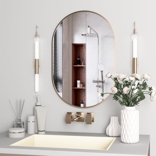 NEUWEABY Espejo Ovalado para baño, 60 x 90 cm Espejo de Pared Ovalado, Dorado Espejos ovalados para Muebles de Lavabo, Espejo de Pared Tipo cápsula, Espejo Oval Moderno de Aluminio
