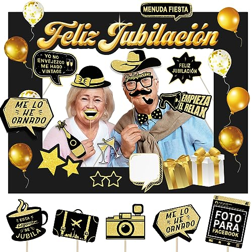 GEBETTER 21Pcs Photocall Feliz Jubilación Español, 1 * Marco de Fotos + 20 * Accesorios, Decoración de Fiesta Regalo Jubilado Fotocall Foto Prop Fotomaton Adornos Retirement (Oro Negro)