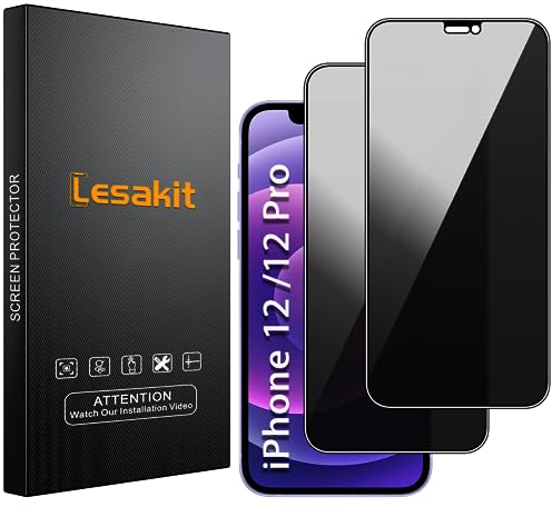 Lesakit 2 Stück Sichtschutz für iPhone 12/12 Pro 6,1 Zoll, Anti-Spy Panzer Schutz Glas Folie Schutzfolie, 9H Härte Blasenfrei Einfache Installation